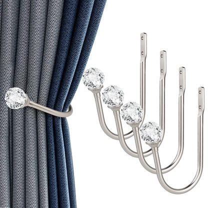 gobutend Curtain Holdbacks, 4 pcs Curtain Tiebacks Hooks for Drapes with Clear Crystal Ball, Wall Mounted Window Curtain Holder for Home Decor, Silver