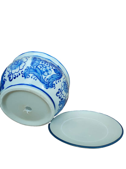 jdzjybqx Small Blue and White Porcelain Flower Pot Set of 3 Oriental Ceramic Flower Plant Pots Indoor with Porcelain Saucer for Garden and Indoor,Mini Flower Pot Set of 3