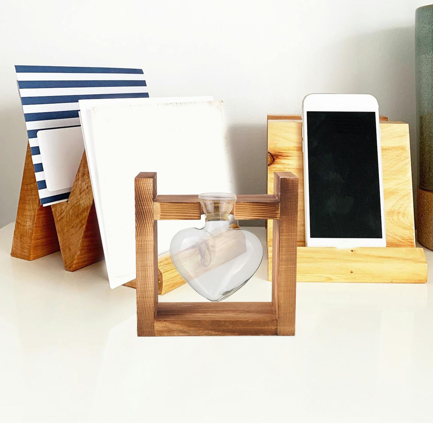 DIYEAH Wooden Plant Stand with Hydroponic Glass Vase, Desktop Water Propagation Planter for Home Office, Modern Vintage Terrarium Flower Pot Display