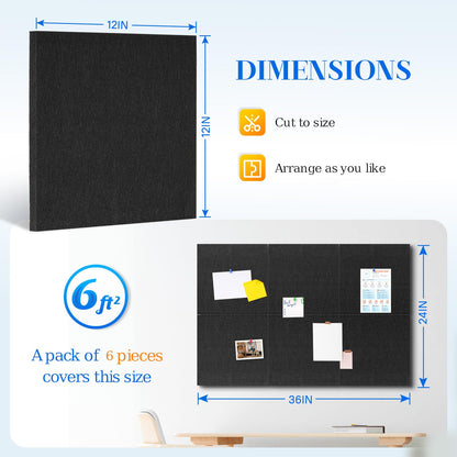 DOLLAR BOSS Felt Cork Board Tiles, 6 Packs 12" x 12" 1/2" Thick Cork Bulletin Board Self Adhesive Acoustic Panels Soundproof Corkboards for Walls with 60 Pushpins for Home Office Kitchen School, Black
