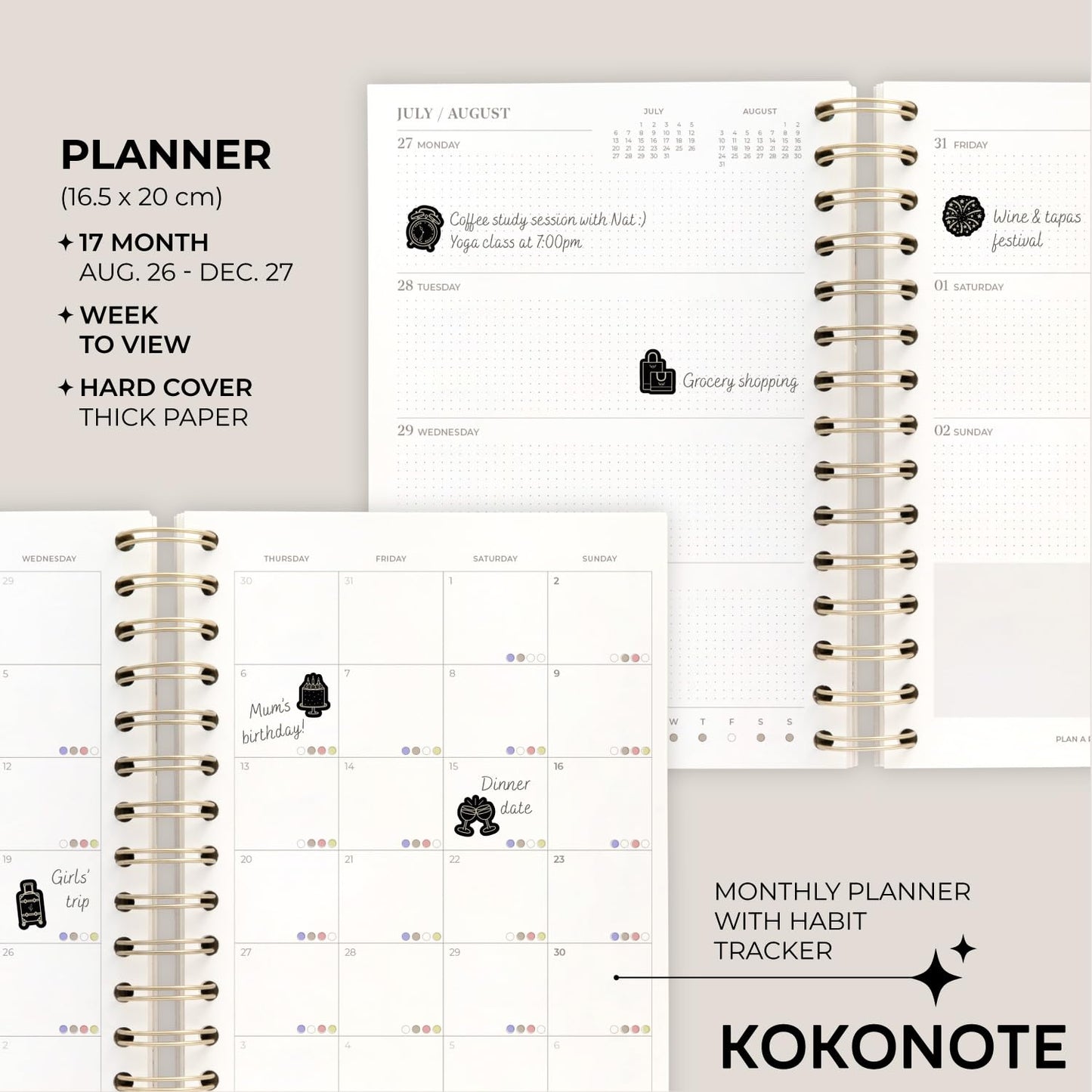 KOKONOTE Planner 2026-2027 Monet - Planner for Women 17 Month (Aug 26/ Dec 27) | Weekly & Monthly Academic Planner 2026-2027 | 6.4" x 7.9" | Hardcover Agenda 2026 | Thick paper 120 g/m²