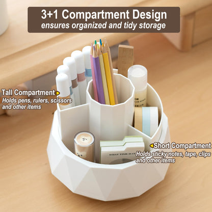 Dlicoda 360° Rotating Pen Holder, Large Capacity Pencil Organizer with 4 Compartments for Office and Art Supplies (White)