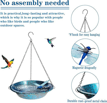 Hanging Bird Bath for Outdoors 11.4 inch Birdbath Bowl Window Birds Feeder with Rust-Proof Black Chains Hooks Metal Hanging BirdBaths Hanging Bird-Feeder for Garden Backyard Decor Blueblack