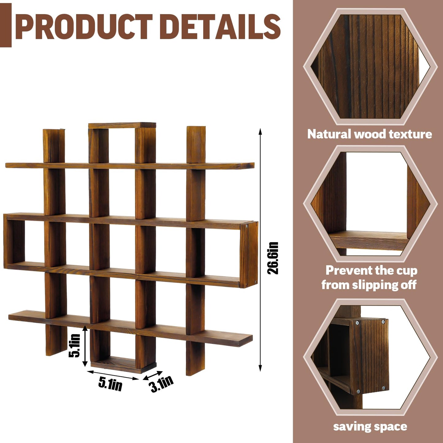 Suzile Oversize Coffee Mug Display Rack Wooden Display Shelves Rustic Wooden Floating Curio Shelf Travel Wall Mounted Coffee Mug Rack Holder Shadow Box Shelf(Grid Size 5.1x5.1x3in,Rustic Brown)