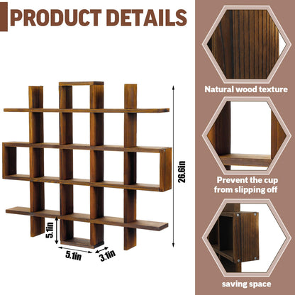 Suzile Oversize Coffee Mug Display Rack Wooden Display Shelves Rustic Wooden Floating Curio Shelf Travel Wall Mounted Coffee Mug Rack Holder Shadow Box Shelf(Grid Size 5.1x5.1x3in,Rustic Brown)