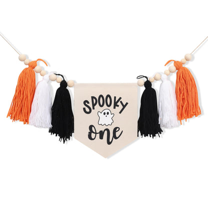 WAOUH Halloween 1st Birthday Decorations - Spooky One High Chair Banner,Cake Smash Halloween Spooky Banner,Ghost First Birthday High Chair Tassel Banner,Spooky Baby Birthday Photo Props