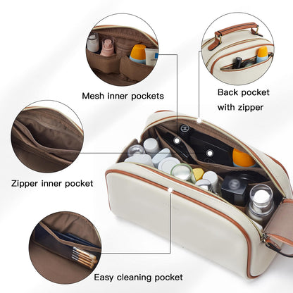 Telena Travel Toiletry Bag Makeup Cosmetic Bags for Women Waterproof PU Leather Toiletry Organizer Portable Large Capacity Beige with Brown
