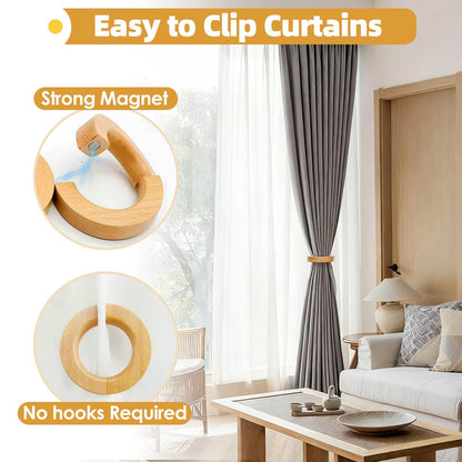 Magnetic Wood Curtain Holdbacks 1Pair – Strong Retro Tiebacks for Drapes, Window & Door, Use as Pants Hanger or Scarf Rack, European Style Organizer for Home, Nursery, Office (Wood)