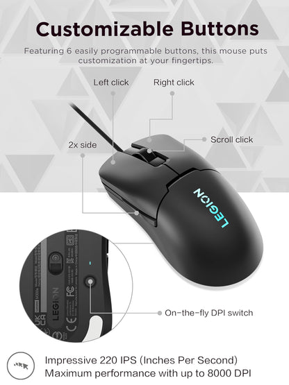 Lenovo Legion M410 Wireless RGB Gaming Mouse – 6 Button Palm Grip Mouse with 16,000 DPI, 53 Hour Rechargeable Battery, 2-Zone RGB Lighting, NVIDIA Reflex Compatible