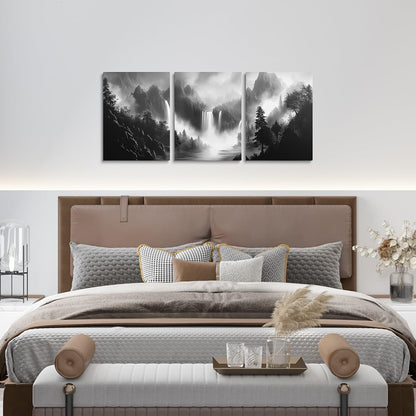 jejeloiu Smoky Mountain Canvas Wall Art for Living Room Bedroom 12"x16"x3pcs Black White Picture Wall Decor for Bathroom Waterfall Tree Office Decorations Artwork Posters Nature Scene Painting