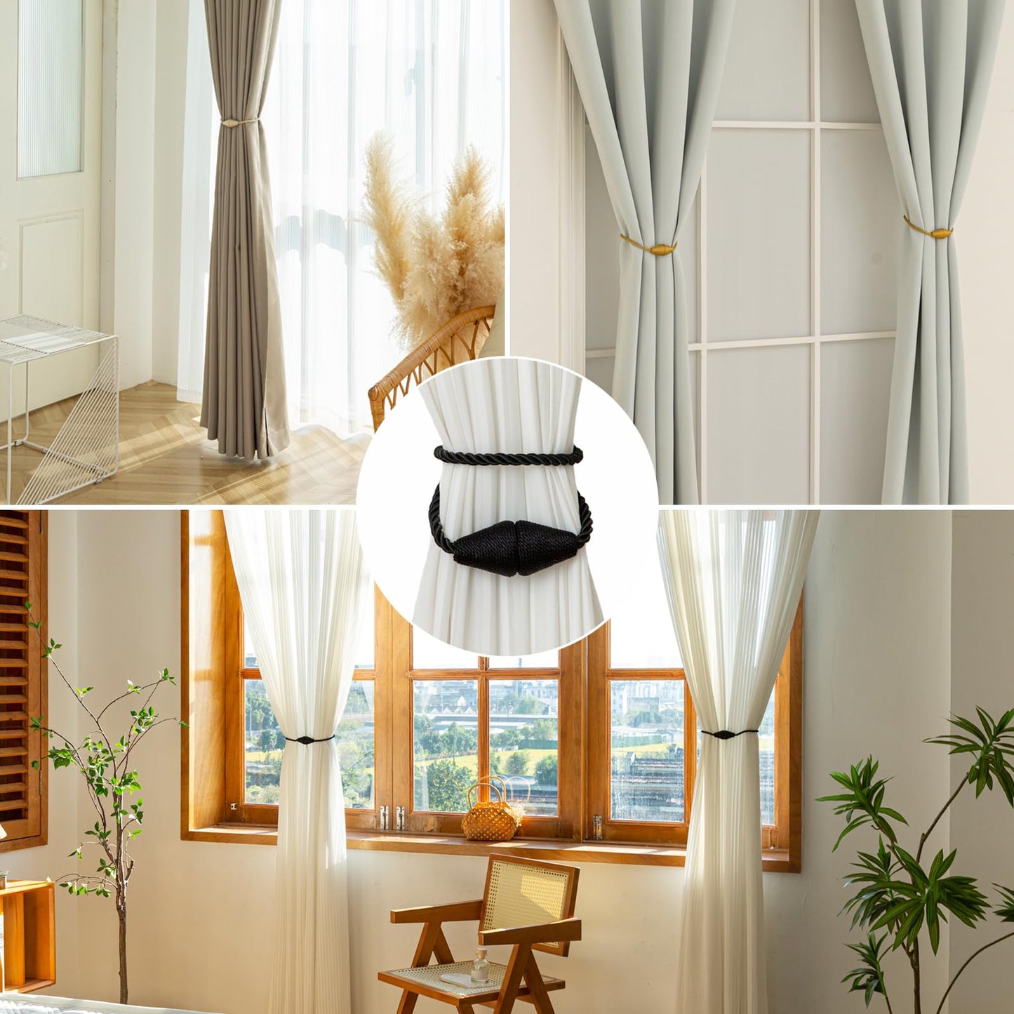 Contoeey Magnetic Curtain Tiebacks 8 Pack Outdoor Rope Curtain Tie Backs Decorative Window Treatment Holdbacks for Home Decorative Curtain, Black