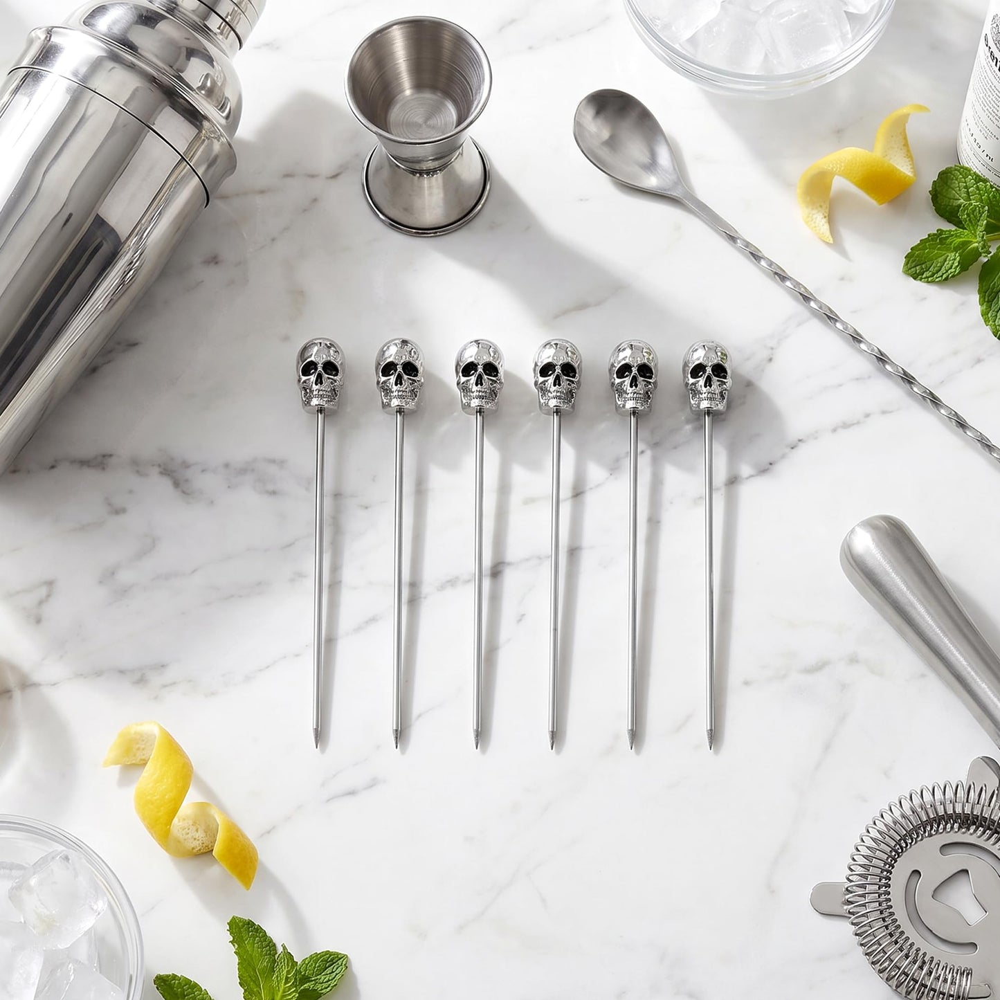 Homestia 6PCS Stainless Steel Skull Cocktail Picks 4.7", Gothic Martini Skewers Set, Reusable Silver Skull Drink Picks for Cocktails Olives Appetizers Halloween Party Holiday Supplies
