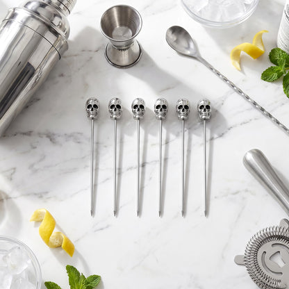 Homestia 6PCS Stainless Steel Skull Cocktail Picks 4.7", Gothic Martini Skewers Set, Reusable Silver Skull Drink Picks for Cocktails Olives Appetizers Halloween Party Holiday Supplies