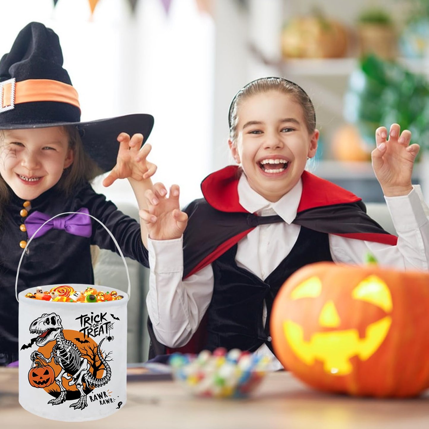 FXOCSHE Halloween Trick or Treat Bucket,Cute bucket,candy tote with handles,party supplies,holiday party decoration gift basket(Dinosaur Halloween)
