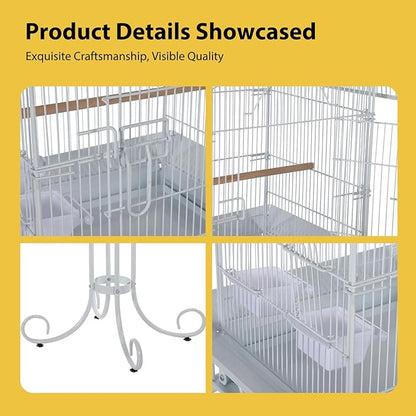 58" Vintage Scrolled Bird Cage - Heavy-Duty Metal with Rust-Resistant Coating, Parrot Cage with Slide-Out Tray, Stand, Perch & Bowls, Victorian Bird Aviary for Cockatiel, Parakeet, Finch & Lovebird
