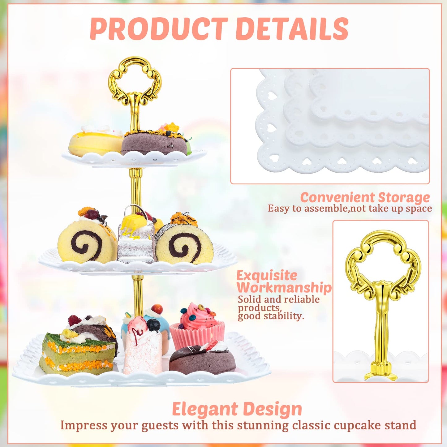 Gandeer 6 Sets of 3 Tier Tea Party Cupcake Stand, White Plastic Cupcake Dessert Plates Square Display Trays for Cake Fruit Candy Display Tower for Wedding Birthday Baby Shower Decorations