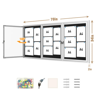 Mifuro 70"x34" Enclosed Bulletin Board, Outdoor Lockable Weather-Resistant Aluminum Cork Noticeboard for School & Office, Silver Frame w/Black Flet