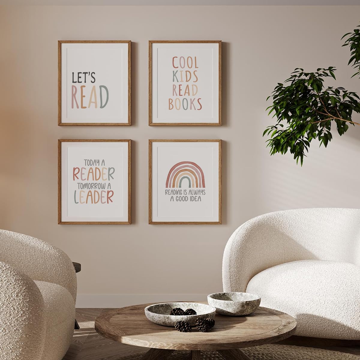 PLKMN Reading Nook Decor for Kids, Boho Rainbow Prints, Let's Read Posters, Classroom and Nook Wall Art, 8x10 Inch, Set of 4, Unframed