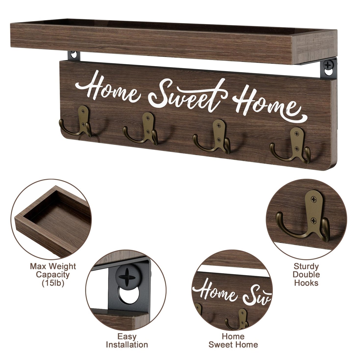 buways Wall-Mounted Key and Mail Holder, Wooden Key Rack with 4 Double Key Hooks, Rustic Home Decor for Entryway