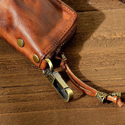 Yzikema 1 Pcs Leather Mini Medieval Pouch Keychain, Coin Organizer, Change Holder,Card Case, Genuine Leather Zipper Storage Bag for Men & Women