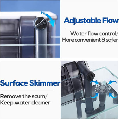 LAQUAL Aquarium Filter with Surface Skimmer, 10 Gallon Small Fish Tank Filter, 3-Layer Filtration, Adjustable Water Flow, Waterfall Design for Increasing Oxygen, Quiet & Efficient Hang on Back Filter