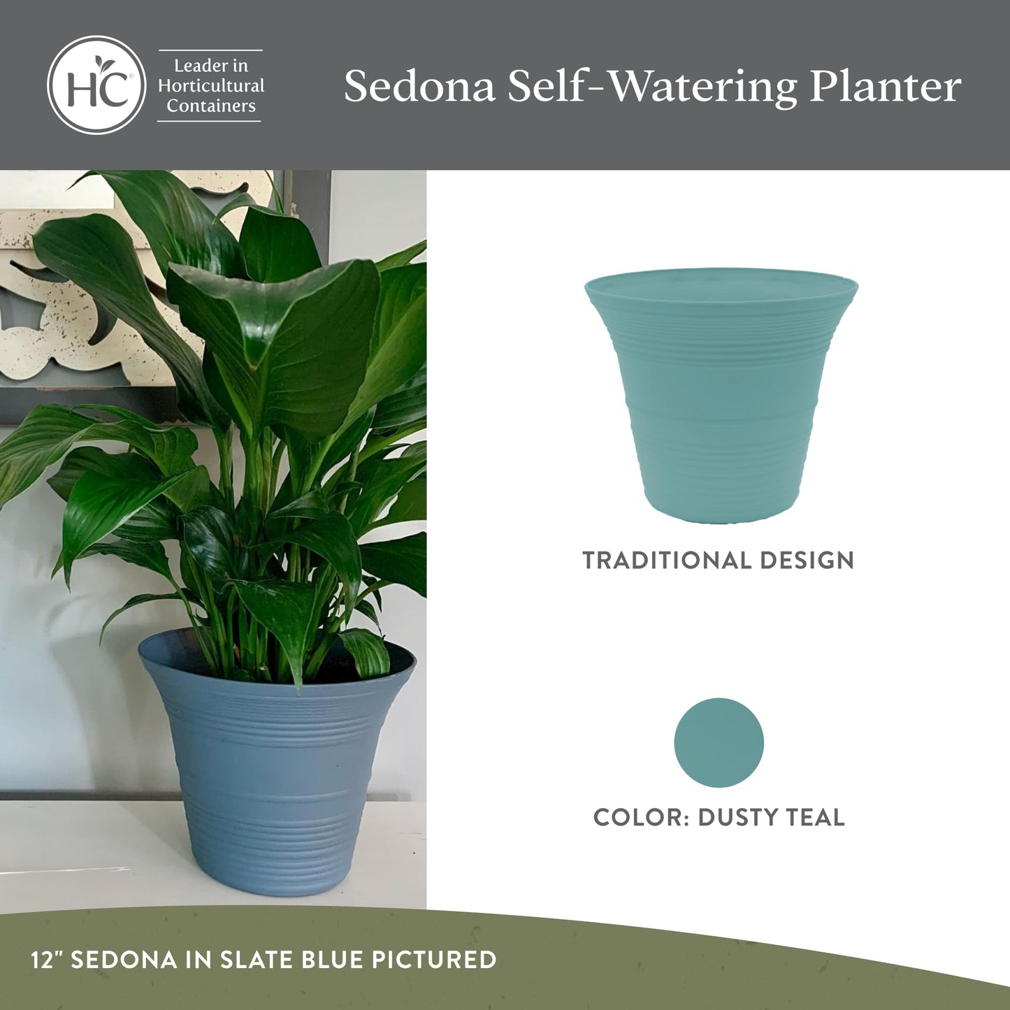 The HC Companies 7 Inch Sedona Round Self Watering Planter Pots, Lightweight UV-Resistant Plastic Indoor & Outdoor Planters, 4-Pack Flower Pots for Garden & Home Decor, Dusty Teal