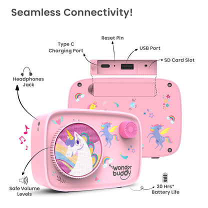 WonderBuddy Kids Story Box Audio Player, 500+ Preloaded Stories & Rhymes with Storybook DIY Art Kit, Voice Recorder, Content Upgrade, Bluetooth, Birthday Gift for Girls 3+ Years- Unicorn