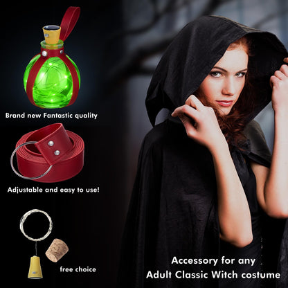 Geyoga Halloween Witch Potion Bottles Wizard Staff Solar Light up Medieval Renaissance Witch Accessories Dark Magic Cork Bottle with Belt Decor(Burgundy with Green Light)