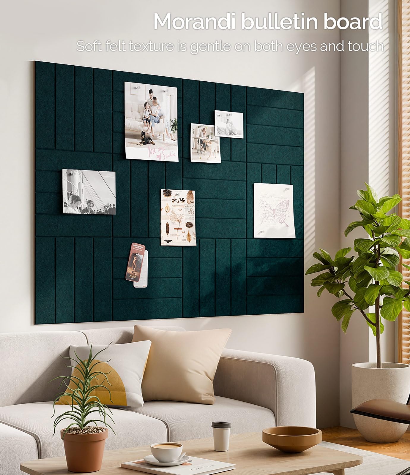Bounmer Large Cork Board Alternative 48“ x 36”, 12-Pack Felt Bulletin Board Tiles with 60 Safe Removable Adhesive Tabs & 30 Pushpins, Cork Boards for Office Walls Decor (Pine Green)