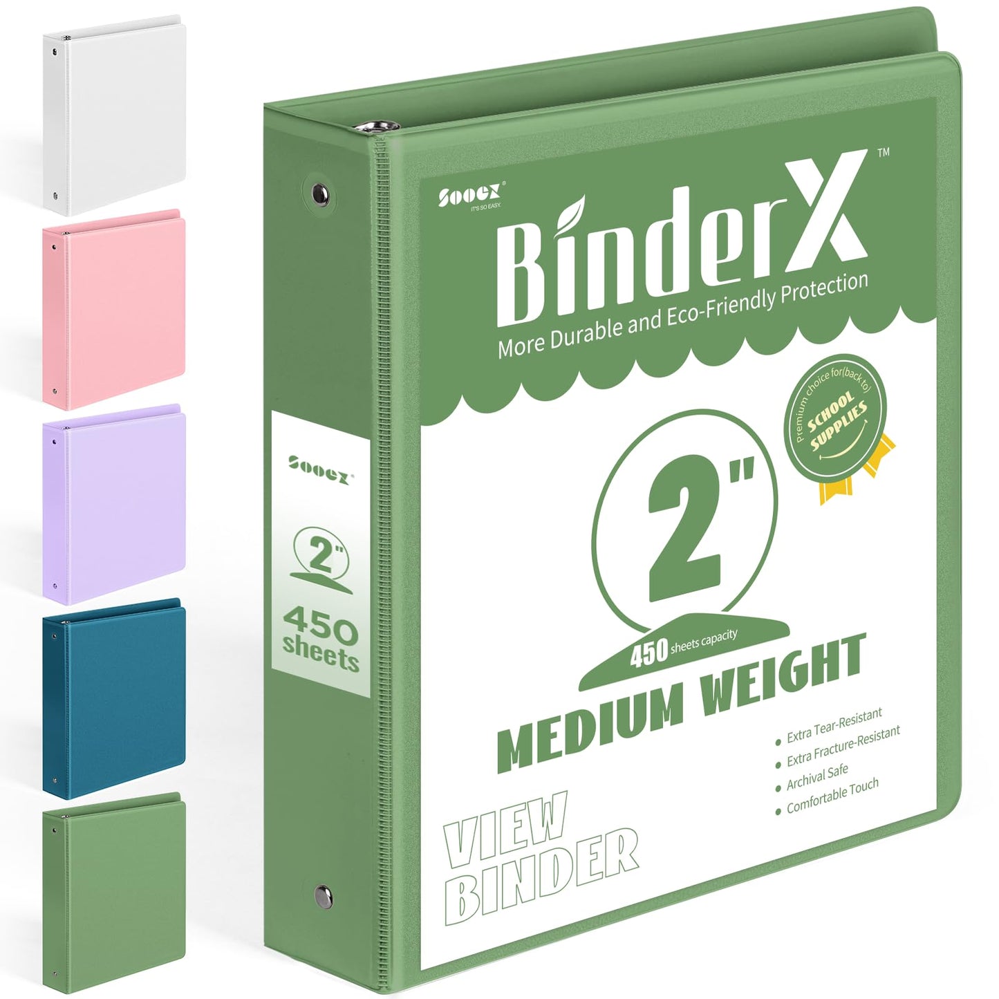 BinderX Extra Durable 3 Ring Binder, Round Ring 2 Inch Binders, Fits 450 Sheets of 8.5x11 Paper, Customizable View Cover with Inside Pockets, Cute 2" Binder, School Supplies for Girls, Olive Green