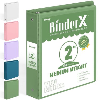 BinderX Extra Durable 3 Ring Binder, Round Ring 2 Inch Binders, Fits 450 Sheets of 8.5x11 Paper, Customizable View Cover with Inside Pockets, Cute 2" Binder, School Supplies for Girls, Olive Green
