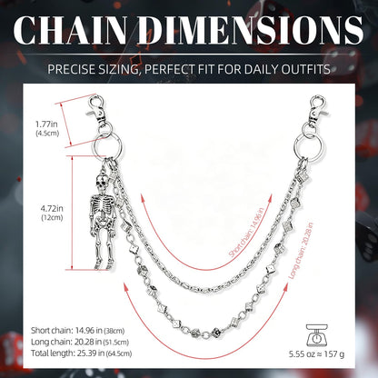 Skull Wallet Chain with 3D Dice Links for Men Women - 2 Layer Punk Pants Chain with Gothic Metal Ornament, Heavy Duty Biker Jean Chain Grunge Belt Loop Accessories for Eboy Egirl Streetwear(Silver)