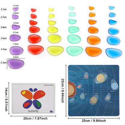 Odoorgames 36 Pcs Translucent Pebbles, Rainbow Stones,Light Table Manipulatives Preschool,Light Table Accessories, Includes 24 Activity Cards
