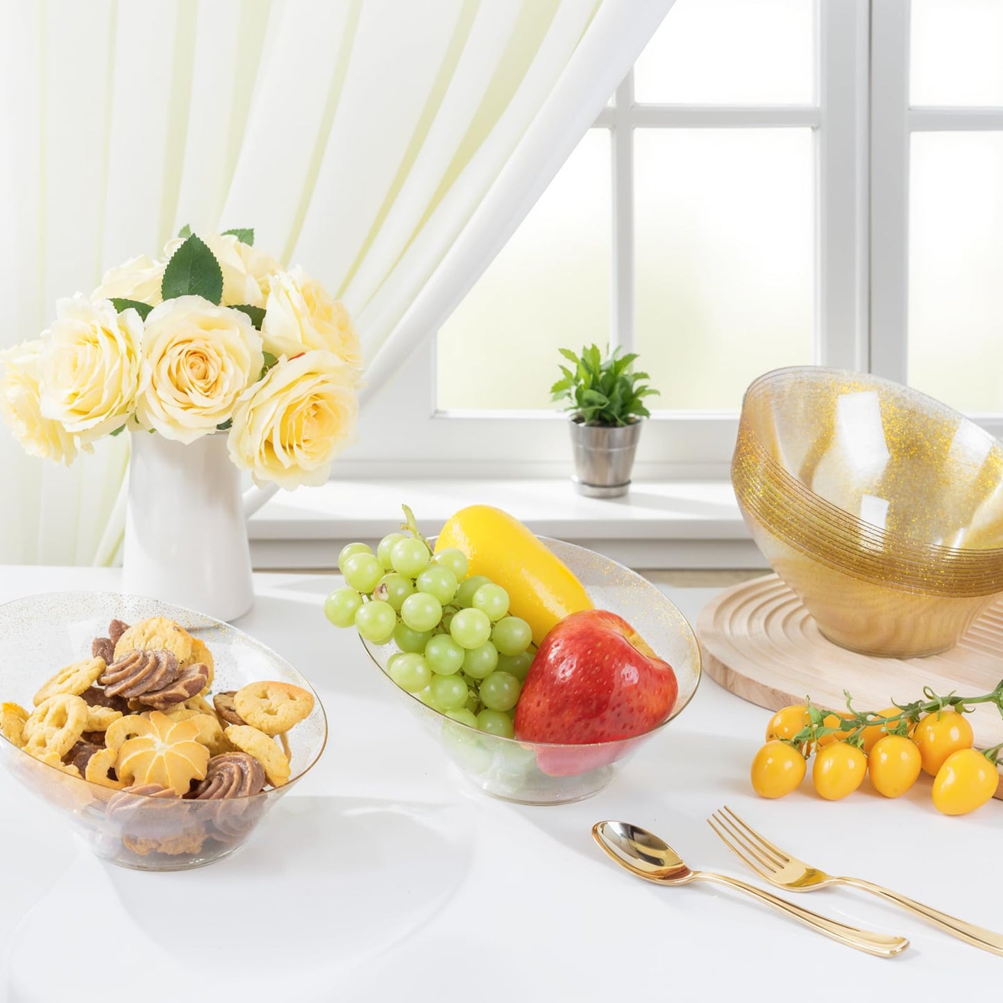 bUCLA 12 Pack Gold Glitter Plastic Serving Bowls - 20 OZ Disposable Snack, Fruit, Chip, Candy Angled Serving Bowls for Party & Thanksgiving