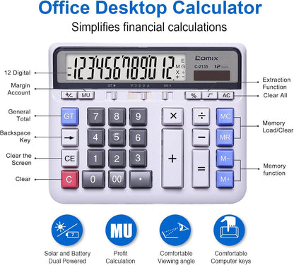 Comix Desktop Calculator Solar Battery Dual Power with 12-Digit Large LCD Display and Large Computer Keys Standard Function Calculator for Home Office School, White(2 Pack)