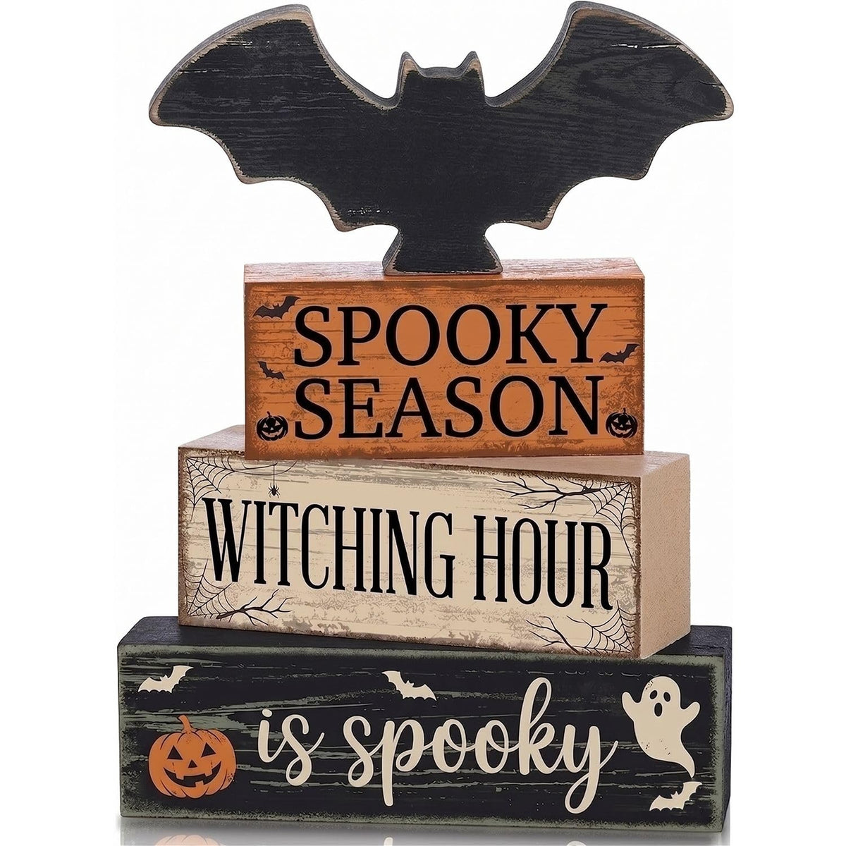 4 Pcs Halloween Table Decorations, Wooden Bat Tiered Tray Decor, Farmhouse Rustic Block Signs, Spooky Season Tabletop Centerpiece for Home Kitchen Shelf Office Mantel