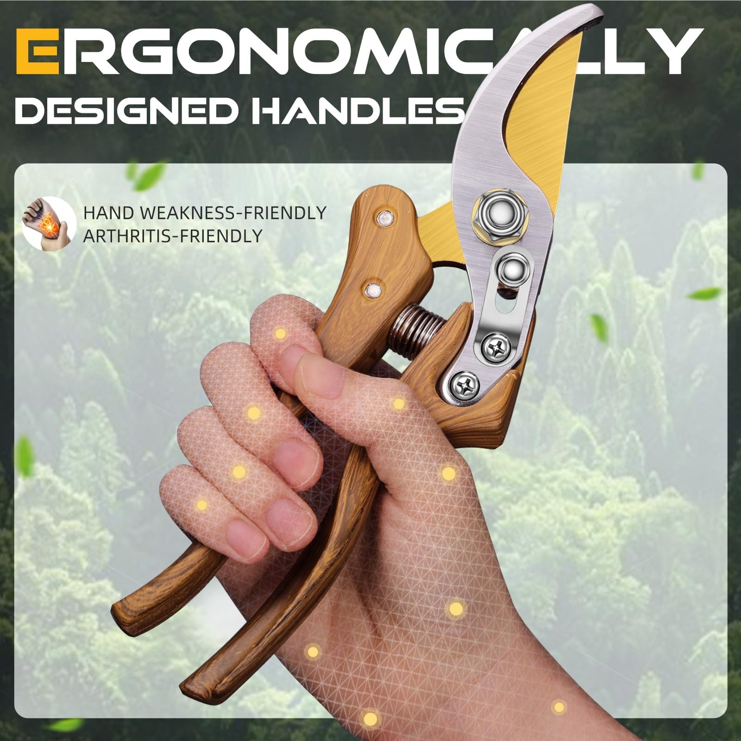 DECERK® 8.5" Premium Bypass Pruning Shears – Wood Grain Finish with Gold Titanium Blade, Japanese SK5 Steel, Balanced Ergonomic Handle for Precise Garden Trimming, Timeless Gardening Companion