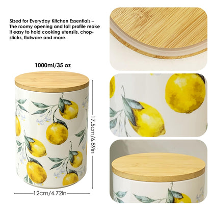 ODESUN Lemon Ceramic Utensil Holder with Bamboo Lid , 2-in-1 Countertop Utensil Crock & Storage Canister, Kitchen Utensil Holder for Countertop & Flatware Holder, French Country Kitchen Decor