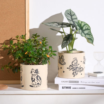 STHIE 5 Inch Ceramic Plant Pots with Drainage Holes, Small Round Flower Pots for Indoor Plant, Unique Animal Flower Planters (Cat)