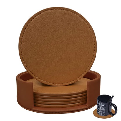KEMMPER Coasters Set of 6 Soft Leather Drink Coaster Round Coaster with Sewing Around, Suitable for Various Cups, Wooden Tables,Home Decoration,4 Inches(Brown)