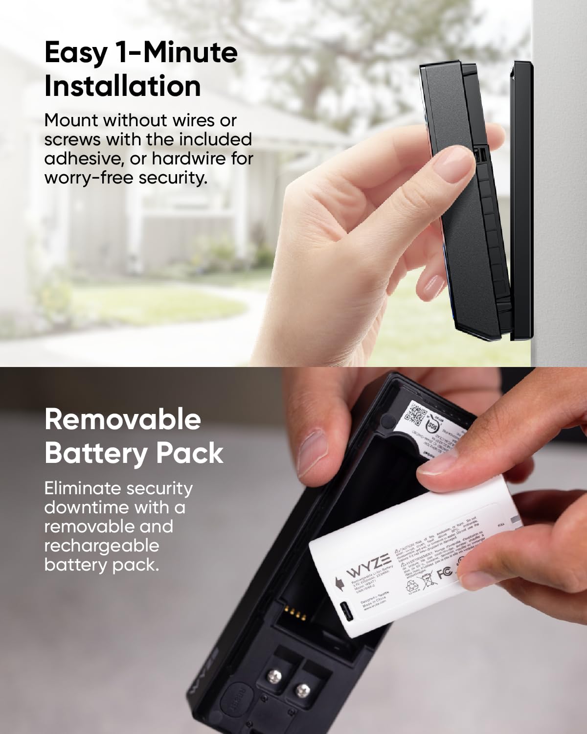 WYZE Wireless Duo Cam Video Doorbell (Chime Included), Battery Powered, 2K Full HD Video, 2 Cameras (People and Package), 2-Way Audio, Color Night Vision