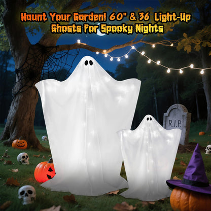 2 Pack Halloween Ghosts Outdoor Large 60'' & 36'' White Outdoor Ghost Decorations with String Lights Scary Ghosts Halloween Decorations Light Up Ghost Kit for Garden Porch Yard Party (White)