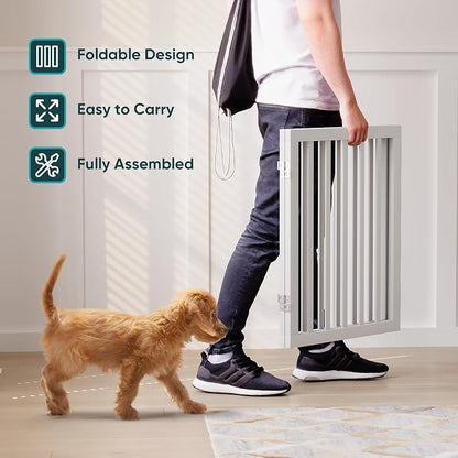 Semiocthome Bamboo Dog Gates Indoor 2-Panel Freestanding Puppy Gates for The House with 2 Metal Stands 24" H Folding Wood Pet Gate for Stairs Doorway, Fully Assembled Safety Fence - White