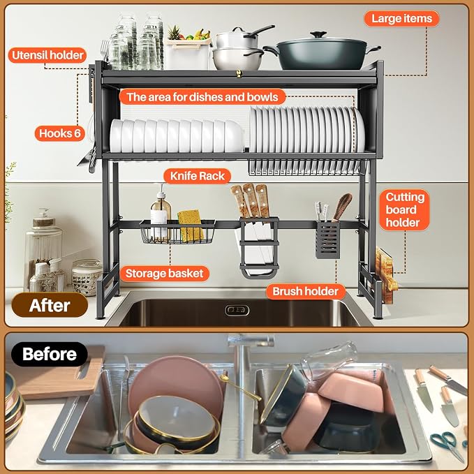 Over The Sink Dish Drainer Drying Rack 3 Tiers with Cover, Keep Kitchen Sink Shlef Organized Space-Saving Dish Drying Rack, Large Stainless Steel Sink Drying Rack for Dishes, Bowls, Cutlery (33.4"W)