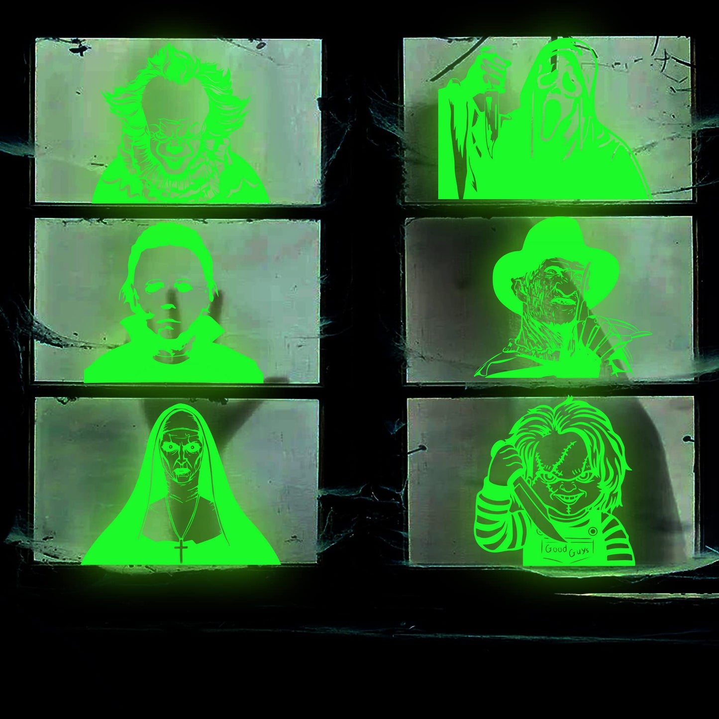 Eartim Halloween Glow In Dark Window Clings - 6Pcs Scary Classic Movie Characters Glowing Decals Seamless Green Luminous Stickers for Halloween Party Decoration Haunted House Window Glass Mirror Decor