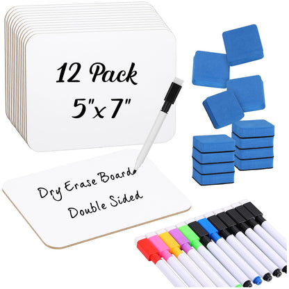Affrolling 12 Sets Small Whiteboard Dry Erase Boards 5" x7'' Mini Double Sided Dry Erase Lap Boards with Markers Erasers Pen Holders Personal Whiteboards for Students Classroom Teacher