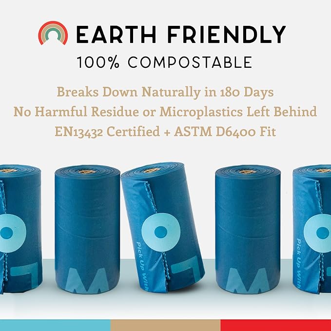 Wildebeest Compostable Dog Poop Bags | Thick, Unscented & Leakproof Dog Waste Bags | ASTM D6400 Compliant | Fit Any Poop Bag Holder – 8 Heavy Duty Eco-Friendly Poop Bag Rolls (120 Bags)