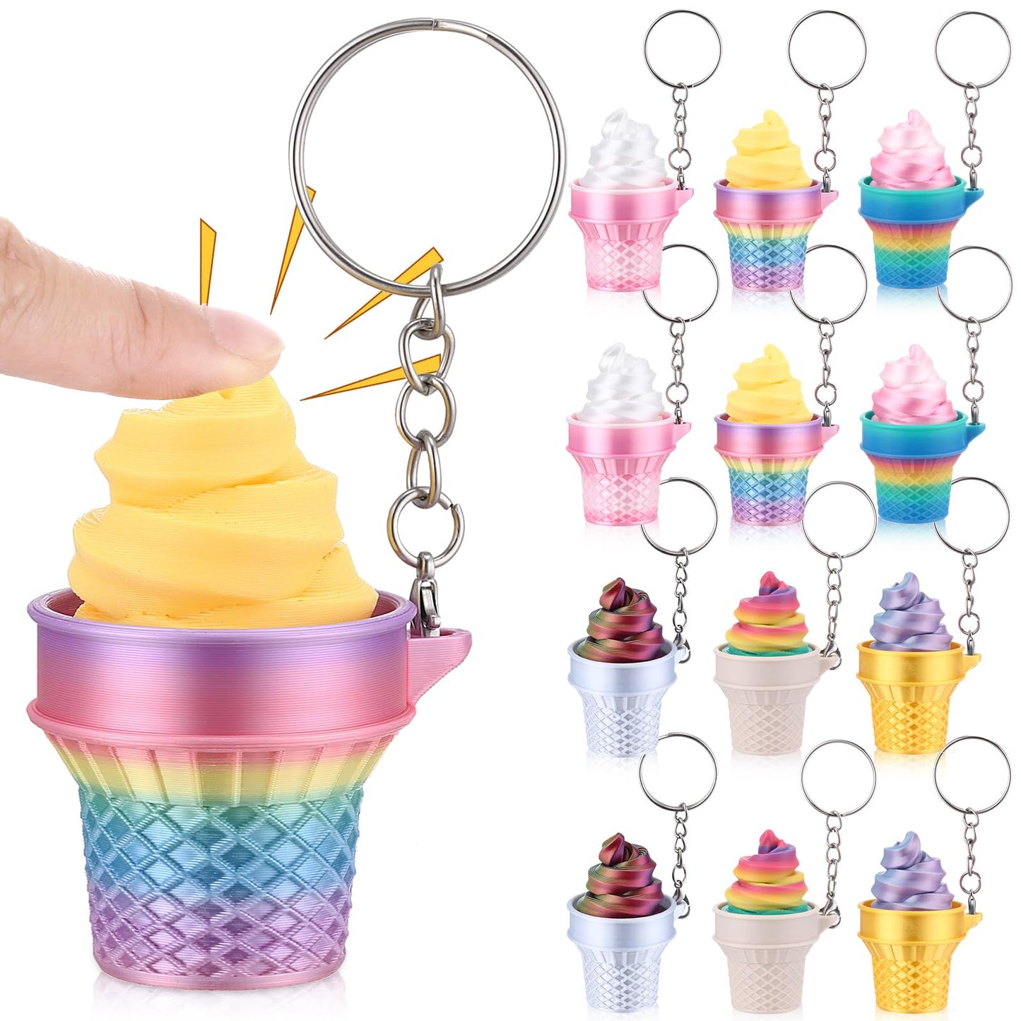 Kenning 12 Pcs Ice Cream Clicker Fidget Keychains Bulk 3D Printed Sensory Clicker Fidget Toys Stress Relief Ice Cream Party Favors Keychain for Summer Birthday Goodie Bag Stuffers Office Gifts