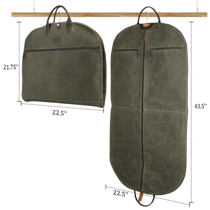 Polare 43” Waxed Canvas Full Grain Leather Trim Carry On Garment Bag for Travel, Waterproof Dust-Proof Foldable Hanging Suitcase Weekender Garment Cover with YKK Zipper (Army Green)