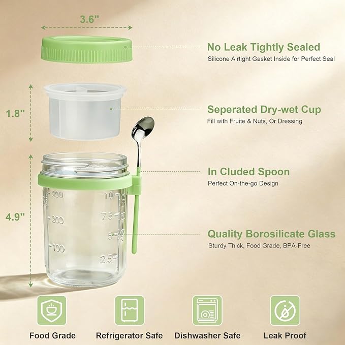4 Pack Overnight Oats Containers with Lids and Spoons - 16 oz Glass Mason Jars with Dressing Cup, Over night Oat Jars for Meal Prep, Yogurt Parfait Cup for Chiaseed Salad (Green)